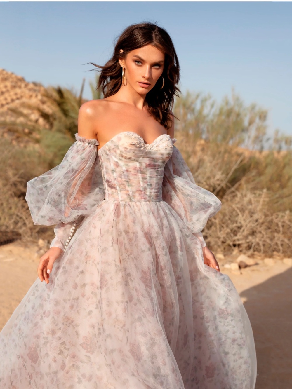 Off-Shoulder Floral Tulle Gown Dress